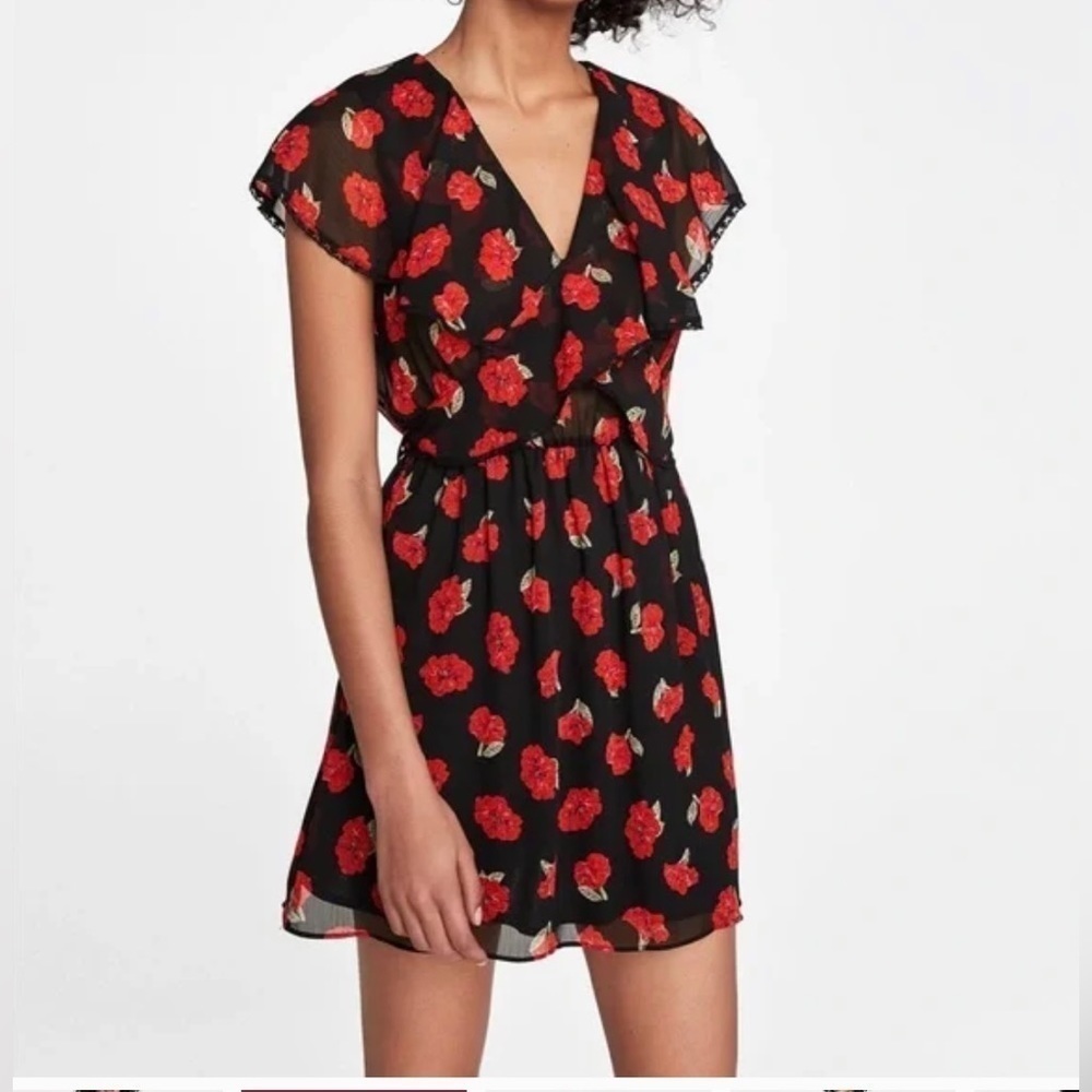 Floral Zara Red Rose Dress with Ruffle Detail | Size Small